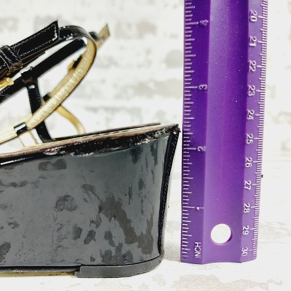 Juicy Couture Black Gold Platform Patent Leather Sandal Wedge Straps O347 - Picture 11 of 13